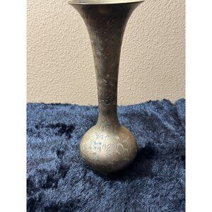 Vintage Handcrafted Brass Flower Vase Etched Intricate Floral Design MAde India